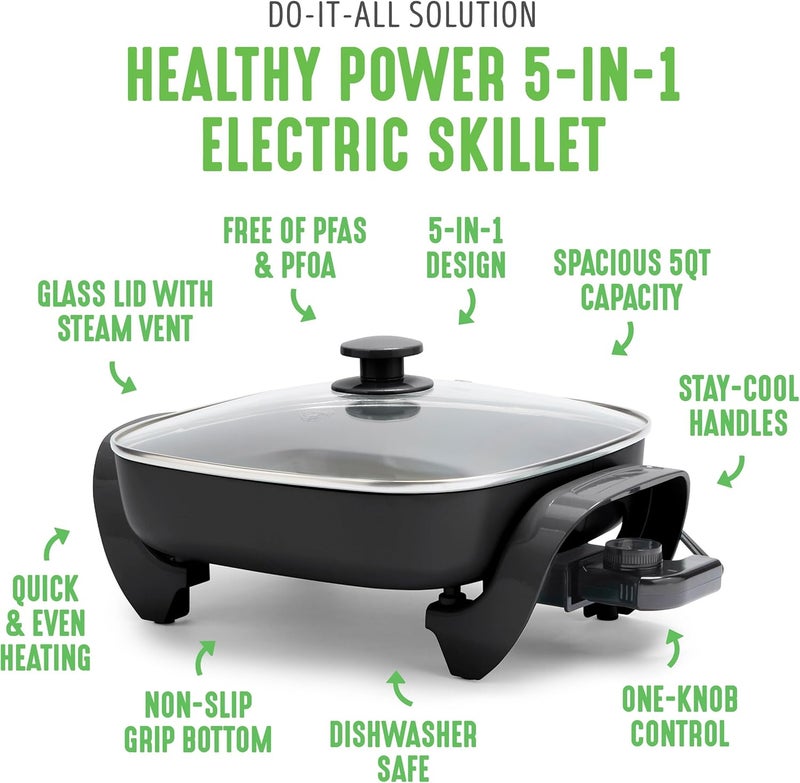 GreenLife مقلاة كهربائية مربعة 12" سعة 5QT، غطاء زجاجي مع فتحة تهوية، داخلية غير لاصقة خالية من PFAS، تحكم في درجة الحرارة قابل للتعديل، مقابض باردة اللمس، تسخين سريع ومتساوي، مقاومة للخدش، سوداء - Image 3